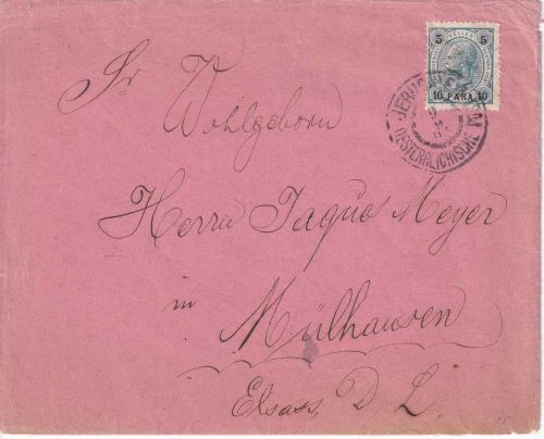 Öst. Post Levante - 5 H./10 Pa. Franz-Joseph Drucksachenbrief Jerusalem 1903
