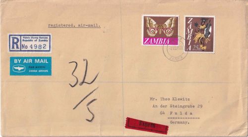 Sambia - 15+25 N Freimarken Luftpost-Express-Einschreibebrief Ndola - Fulda 1968