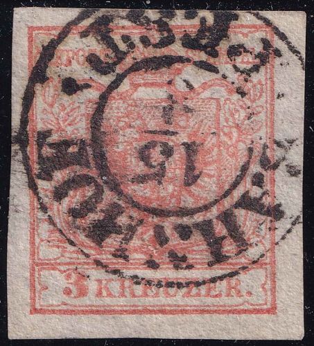 Österreich - 3 Kr. Wappen/1. Ausgabe Prachtstück K2 Triest Bahnhof 15/8
