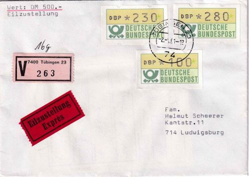 BRD - 230+280+100 Pfg ATM Eilboten-Wertbrief/FDC Tübingen - Ludwigsburg 2.1.1981