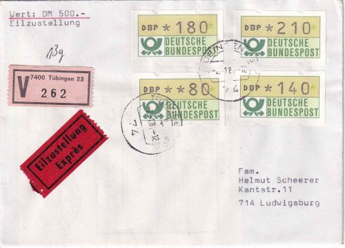 BRD - 210+180+140+80 Pfg ATM Eilboten-Wertbrief/FDC Tübingen 2.1.1981