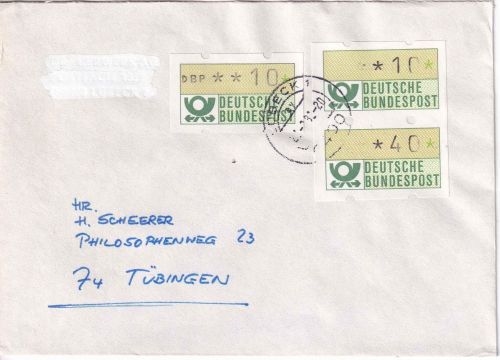 BRD - 2x10+40 Pfg ATM/Farbausfälle Brief Lübeck - Tübingen 1982