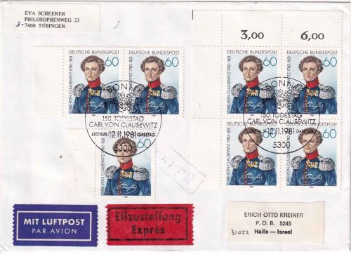 BRD - 7x60 Pfg Carl v Clausewitz Lupo-Eilbrief/FDC n ISRAEL ESST Bonn 12.11.1981