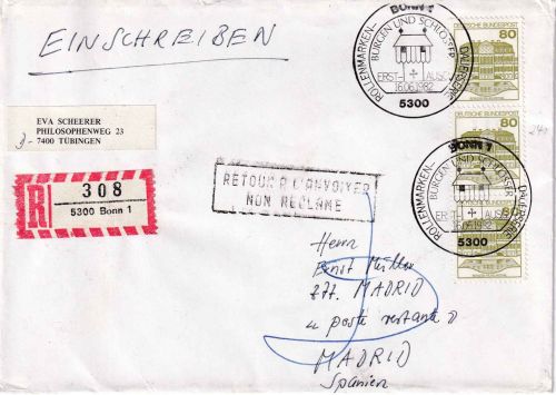 BRD - 3x80 Pfg. Burgen/Schlösser Einschreibebrief/FDC n. SPANIEN ESST 16.6.1982