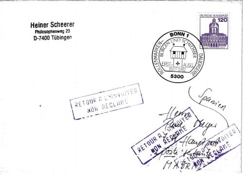 BRD - 120 Pfg. Burgen/Schlösser Brief/FDC n. SPANIEN ESST Bonn - Madrid 15.7.82
