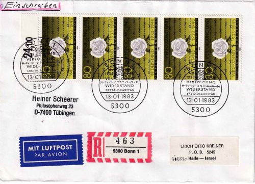 BRD - 5x80 Pfg. Widerstand 33/45 Lupo-R-Brief/FDC n. ISRAEL ESST 13.1.1983