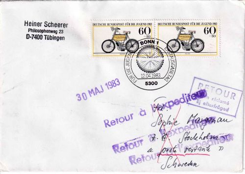 BRD - 2x60 Pfg. Jugend/Motorräder Brief n. SCHWEDEN ESST Bonn 12.4.1983