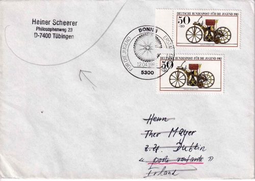 BRD - 2x50 Pfg. Jugend/Motorräder Brief n. IRLAND ESST Bonn 12.4.1983