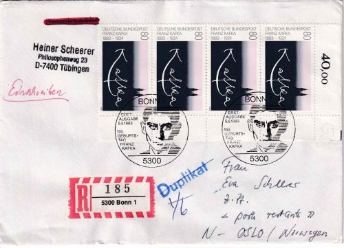 BRD - 4x80 Pfg. Franz Kafka Einschreibebrief/FDC n. NORWEGEN ESST Bonn 5.5.1983