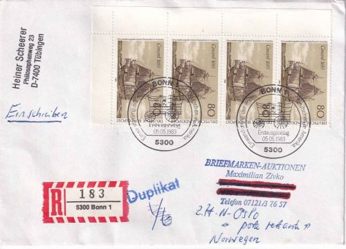 BRD - 4x80 Pfg. Einwanderung Einschreibebrief/FDC n. NORWEGEN ESST Bonn 5.5.1983