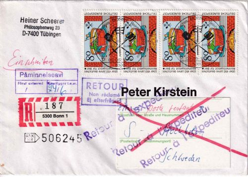 BRD - 4x80 Pfg. Reinheitsgebot R-Brief/FDC n. SCHWEDEN ESST Bonn 5.5.1983