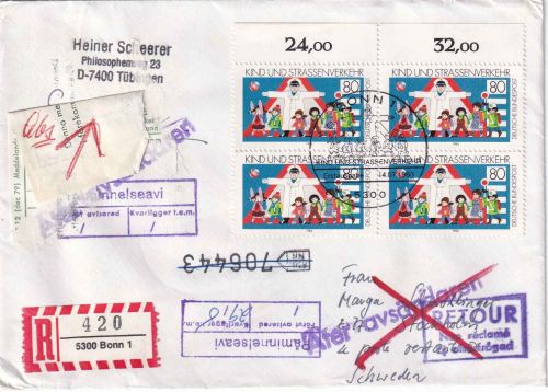 BRD - 4x80 Pfg. Verkehrserziehung R-Brief/FDC n. SCHWEDEN ESST Bonn 14.7.1983