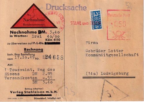 Bizone - Düsseldorf 1949 50 Pfg. AFS Nachnahme-Drucksache bis 250g Adressträger