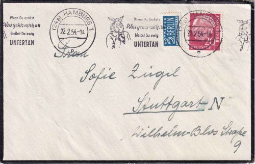 BRD - Hamburg 22.2.54 Werbestempel Demokratie Trauerbrief n. Stuttgart