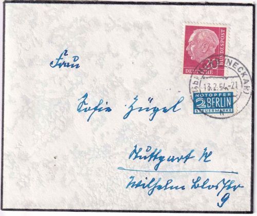 BRD - 20 Pfg. Heuss Trauerbrief Horb (Neckar) - Stuttgart 13.2.54
