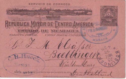 Nicaragua - 3 Ctv. Ganzsachenkarte Masaya - Böblingen 1898