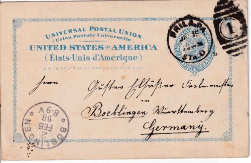 USA - 2 C. Ganzsachenkarte Philadelphia - Böblingen 1898
