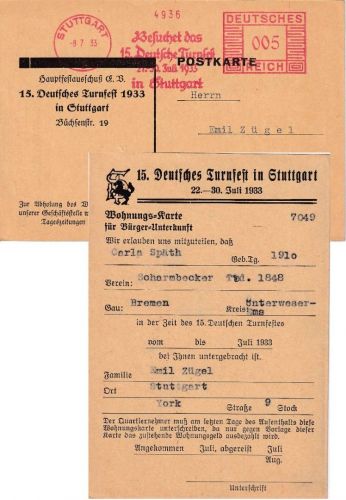 DR - Stuttgart 1933 15. Dt. Turnfest 5 Pfg. AFS Drucksache/Wohnungskarte RR!