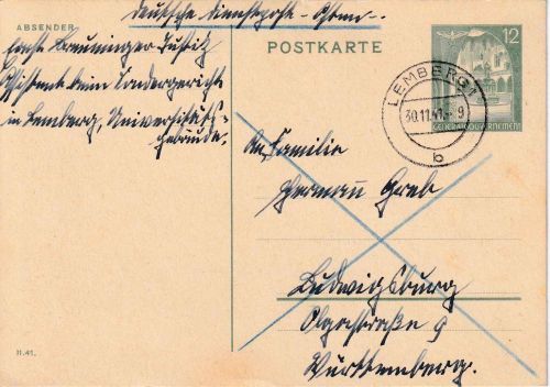 Gen.Gouv. - 12 Pfg. Ganzsachenkarte Lemberg - Ludwigsburg 30.11.41