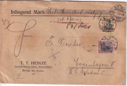 DR - 50+25 Pfg. Germania Wertbrief n. DÄNEMARK Brieg - Kopenhagen 1913
