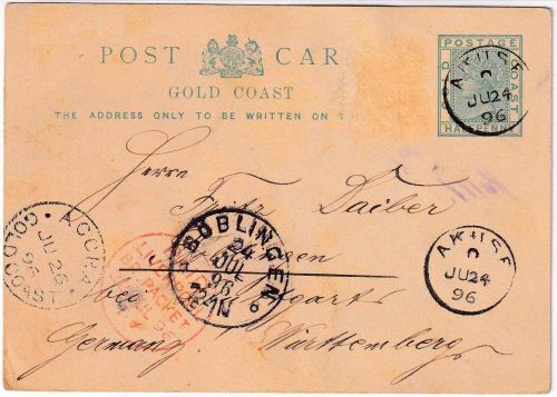 Gold Coast - 1/2 P. Victoria Ganzsachenkarte Akuse - Böblingen 1896