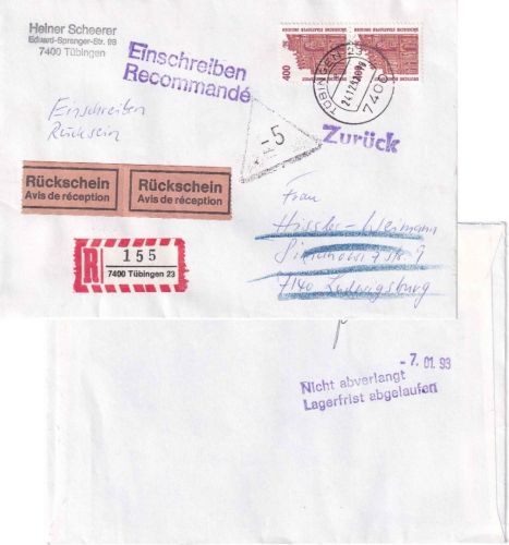 BRD - 2400 Pfg B&S Einschreibebrief/Rückschein Tübingen - Ludwigsburg 24.12.1992