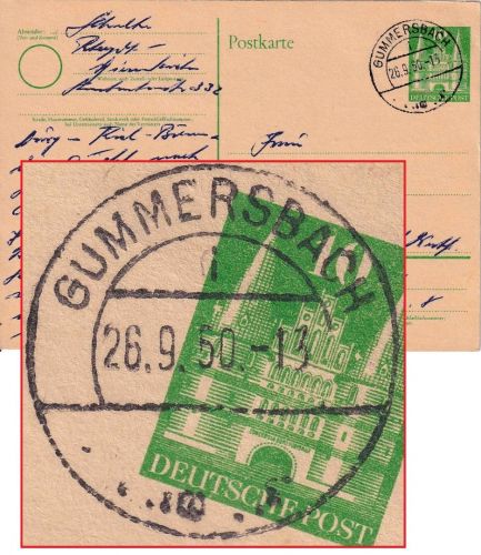 Bizone - Gummersbach 26.9.50 teilapt. Tagesstempel 10 Pfg. Ganzsachenkarte
