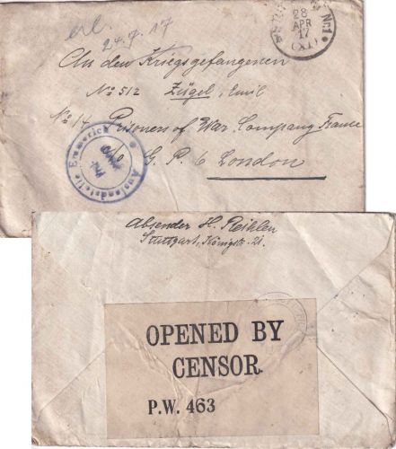 DR - Stuttgart 1917 Kriegsgefangenenbrief n. ENGLAND Doppelzensur