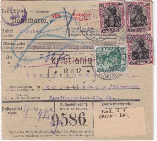 DR - 3x50+5 Pfg. Germania Wertpaketkarte n. NORWEGEN Kraftsdorf 1917