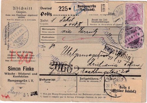 DR - 2x60+20 Pfg. Germania Paketkarte n. NORWEGEN Rempesgrün (Vogtland) 1917