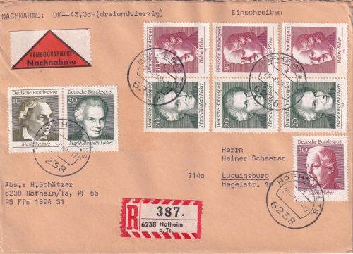 BRD - Frauenwahlrecht Marken ex Block Nachnahme-Einschreibebrief Hofheim 1969