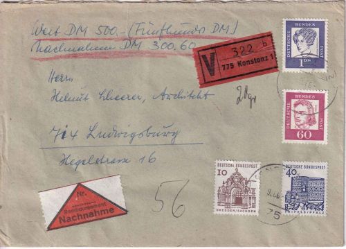 BRD - 1 DM Bed. Deutsche u.a. Nachnahme-Wertbrief Konstanz - Ludwigsburg 1966