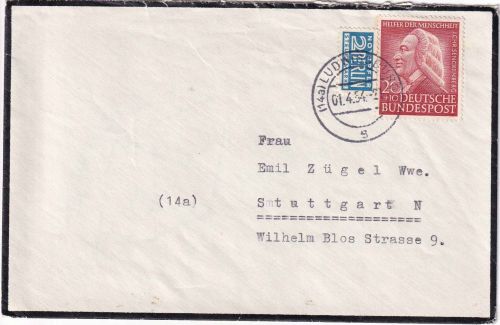 BRD - 20 Pfg. Wohlfahrt Trauerbrief Ludwigsburg - Stuttgart 1.4.54