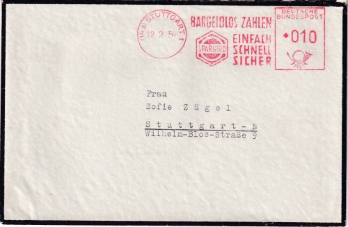BRD - Stuttgart 1954 10 Pfg. AFS "Spargiro - bargeldlos zahlen" Orts-Trauerbrief