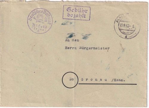 All.Bes. - alfeld 13.9.45 Ra1 Gebühr bezahlt + Postamt-Siegel Brief n. Gronau