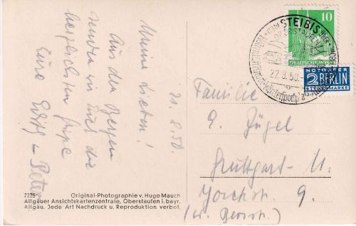 Bizone - Steibis ü. Oberstaufen Handwerbestempel/Poststelle I Karte 1950