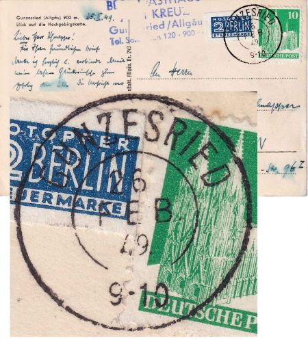 Bizone - Gunzesried 16. FEB 49 nachv. bayer. K2 Karte n. Stuttgart