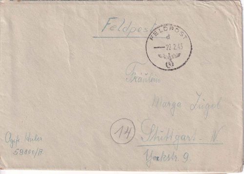 DR - Fp.Nr. 59800A (Stab II/Art.Rgt. 190) Feldpostbrief n. Stuttgart 22.2.45