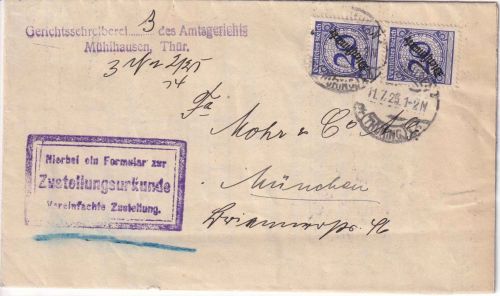 DR - 2x20 Pfg. Korbdeckel/Dienst Zustellurkunde Mühlhausen - München 11.7.25