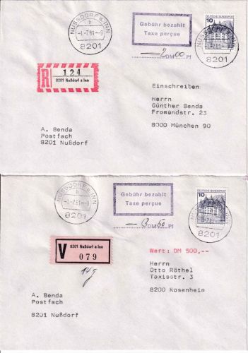 BRD - Teilbarfrankaturen /Gebühr bez. 1x Einschreiben 1x Wertbrief Nußdorf 1981