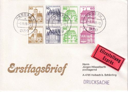 BRD - Burgen&Schlösser H-Blatt 28 Eil-Drucksache/FDC n ÖSTERREICH Passau 1.11.80