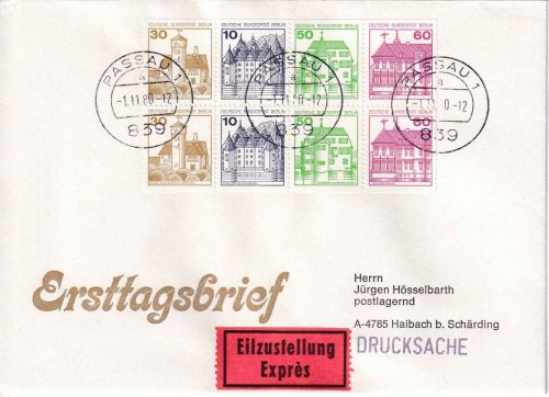 Berlin - Burgen&Schlösser H-Blatt 20 Eil-Drucksache/FDC n ÖSTERREICH 1.11.80