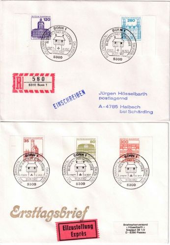 BRD - Burgen & Schlösser 5 Erg.werte (Bogenecken) 1982 2 Briefe/FDC m. ESST Bonn