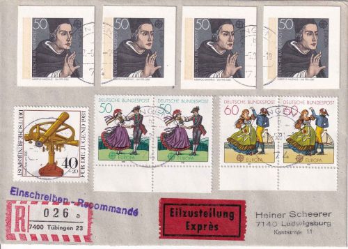 BRD - 4x50 Pfg. Europa 1980 GA-Auschnitt u.a. Eil-R-Brief Tübingen 1981