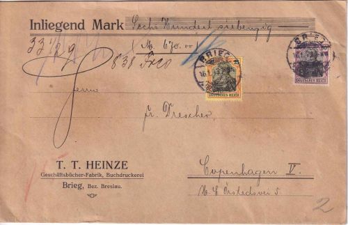 DR - 50+25 Pfg. Germania Wertbrief n. DÄNEMARK Brieg - Kopenhagen 1913