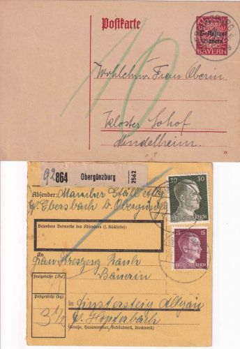 Bayern/DR - Obergünzburg Ganzsachenkarte/Nachporto 1919 + Paketkarte 1944
