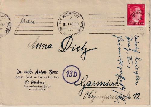 DR - 12 Pfg. AH Brief Nürnberg 2 1.1.1945 (!) n. Garmisch