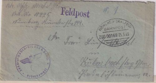 DR - Bahnpost München Saalfeld Zug 00169 Feldpostbrief Nürnberg - Kulmbach 1943