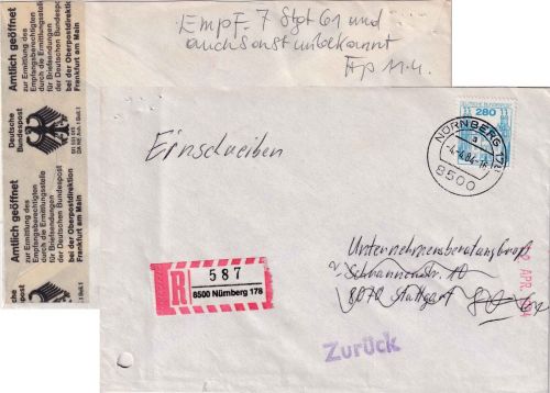 BRD - 280 Pfg. B&S Einschreibebrief Nürnberg - Stuttgart 1984 Amtlich geöffnet