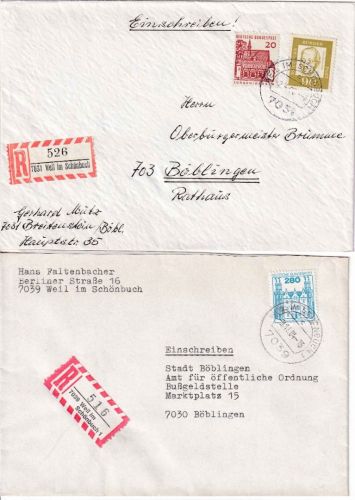 BRD - Weil im Schönbuch 2 Heimatbelege/Einschreibebriefe 1968/1984